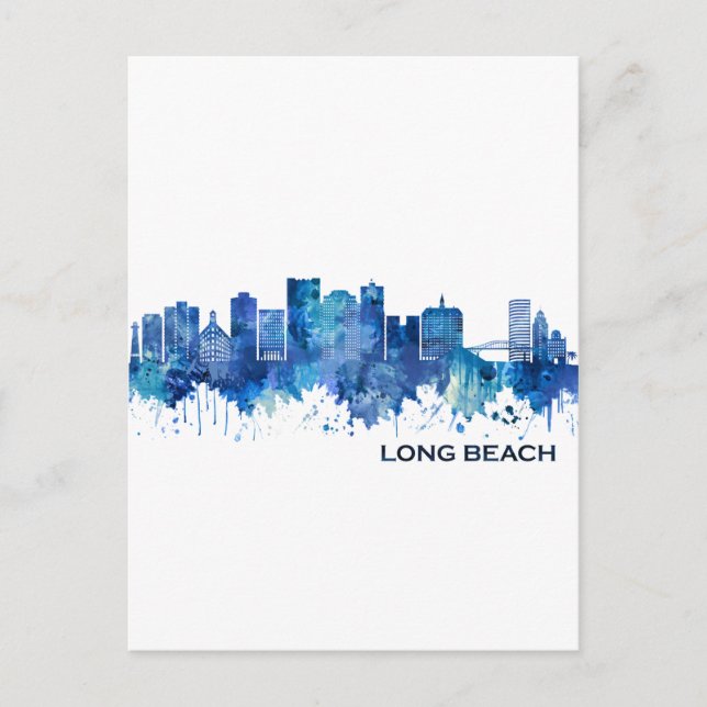 Long Beach California Skyline Blue Invitation Postcard (Front)