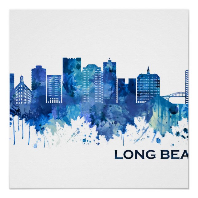 Long Beach California Skyline Blue Poster (Front)