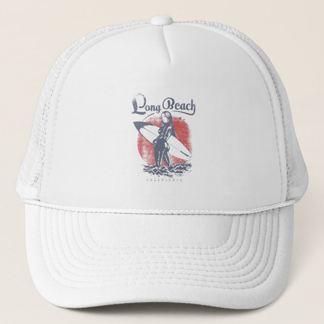 Long Beach California Surfer Girl Artwork Trucker Hat (Front)
