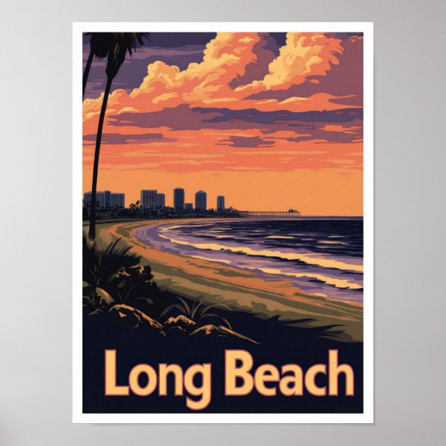 Long Beach California Vintage Travel Illustration Poster (Front)