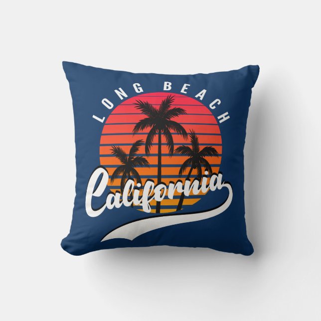 Long Beach Retro Sunset Throw Pillow (Front)
