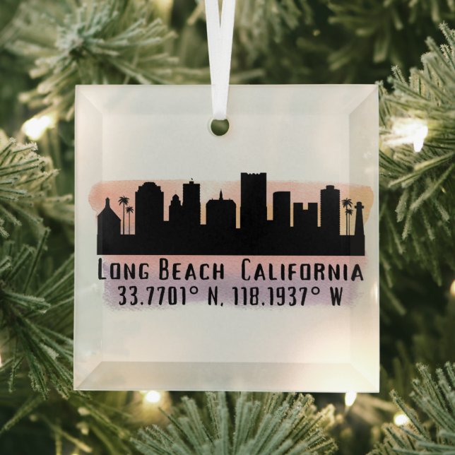 Long Beach Skyline Latitude and Longitude  Glass Tree Decoration (Insitu)