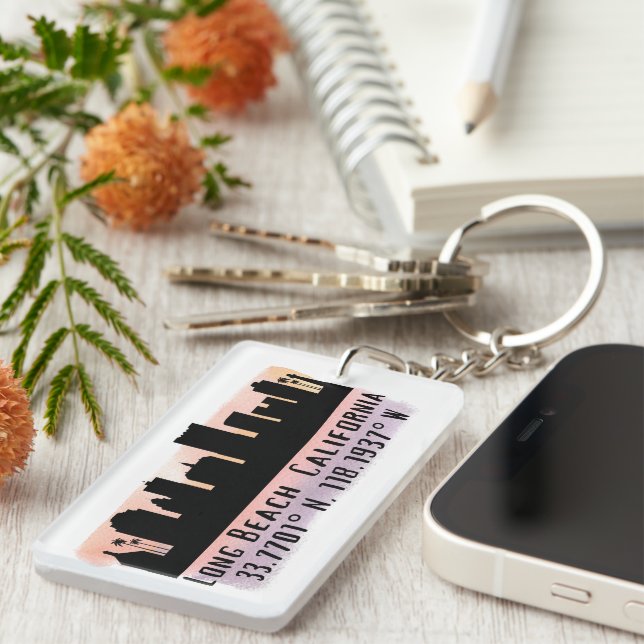 Long Beach Skyline Latitude and Longitude  Key Ring (Front Right)