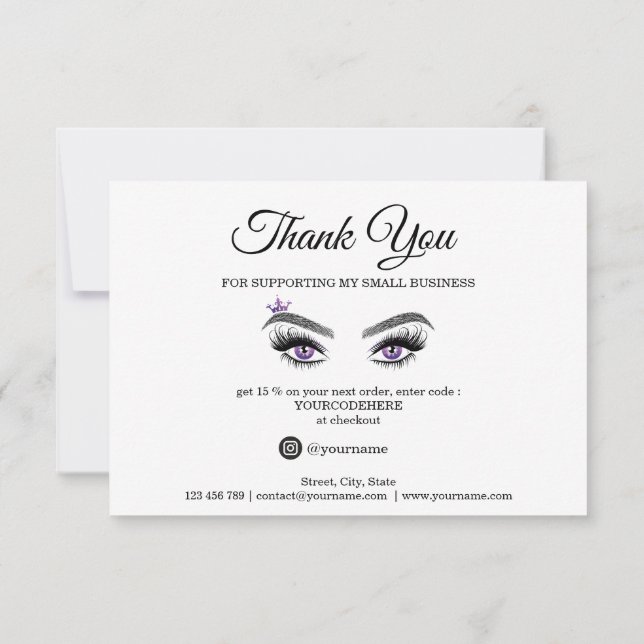 Long Beautiful Lashes Eyes and Brows Hand drawn Thank You Card (Back)