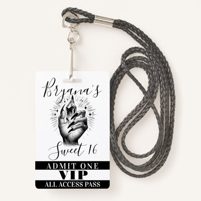 Long Black Nails Crystal Birthday VIP Access Pass ID Badge (Front with Lanyard)