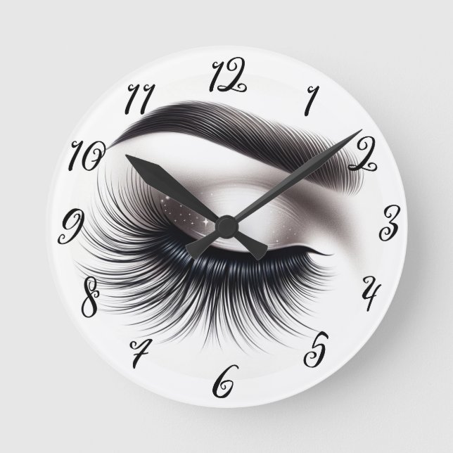 Long Black Wispy Eyelashes Lash Extensions Beauty Round Clock (Front)