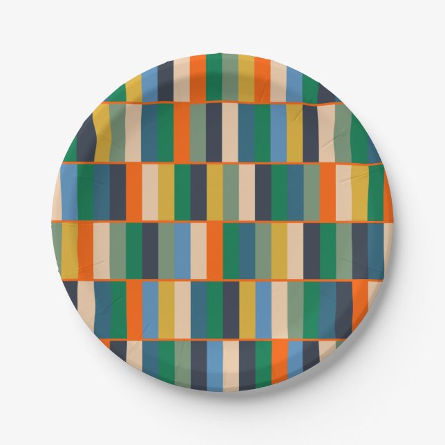 Long Blocks Retro Modern Checked Pattern  Paper Plate (Front)