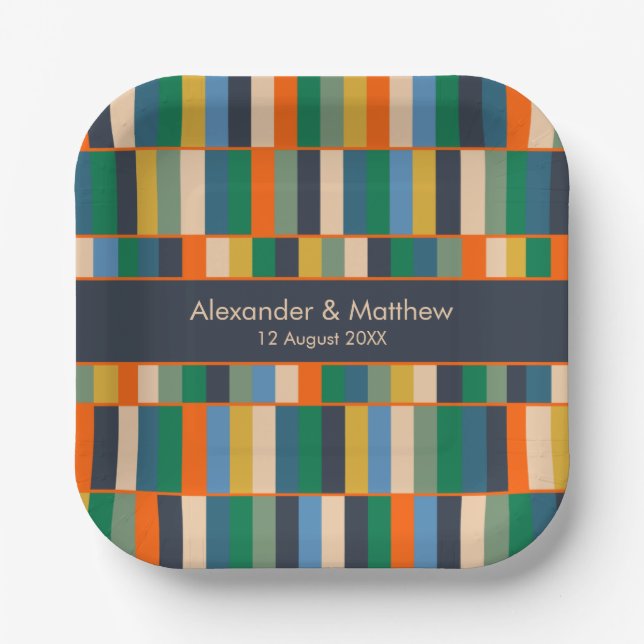 Long Blocks Retro Modern Checked & Personalised Paper Plate (Front)