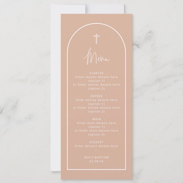 Long Blush Pink Arch Cross Baptism Menu Card (Front)