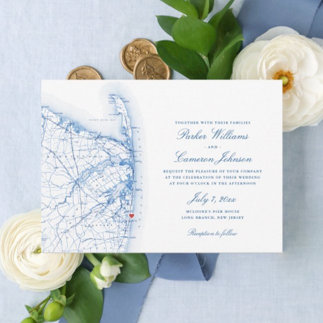 Long Branch New Jersey Elegant Wedding Invitation (Elegant Long Branch New Jersey Wedding Invitation with Navy Blue map by Coastal Map Designs)