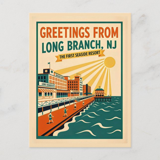 Long Branch NJ Retro Art Whimsical Postcard (Front)