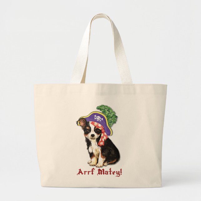 Long Coat Chihuahua Pirate Large Tote Bag (Front)