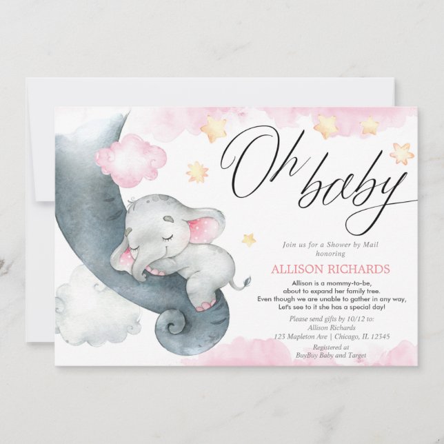 Long distance baby shower by mail elephant shower invitation (Front)