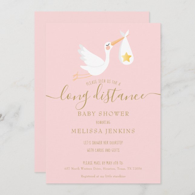 Long Distance Pink Baby Girl Shower By Mail Invitation (Front/Back)
