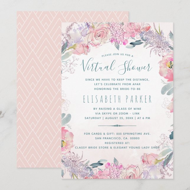 Long distance pink floral virtual bridal shower invitation (Front/Back)