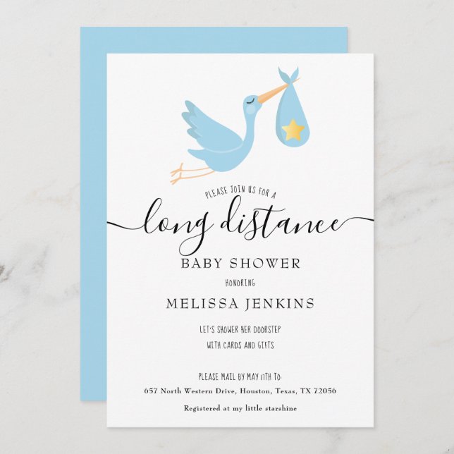 Long Distance Shower By Mail Blue Stork Star Invitation (Front/Back)