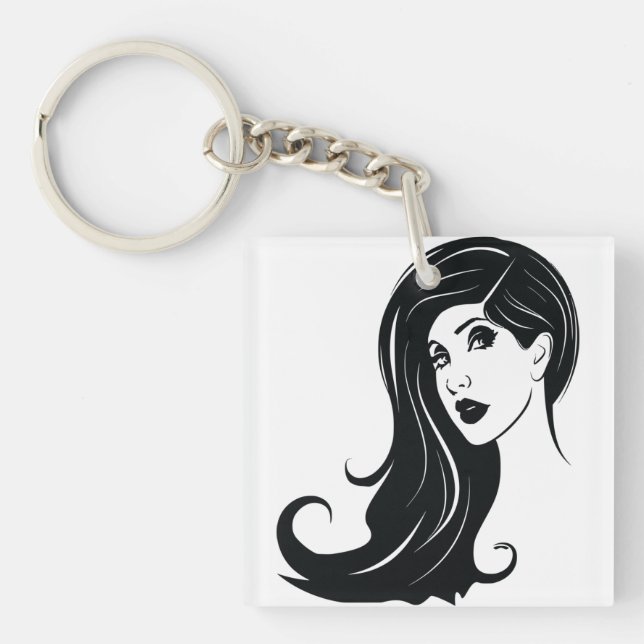 Long Hair Beautiful Woman Fashion Art Key Ring (Front)