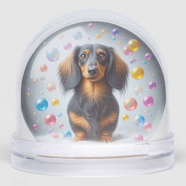 LONG HAIR BLACK AND TAN DACHSHUND SNOW GLOBE (Front)