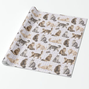 Long Hair Cat Purple Gingham Watercolor Gift Wrap