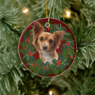Long hair Chihuahua Dog Christmas  Xmas wreath red Ceramic Tree Decoration