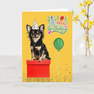 Long Hair Chihuahua Dog Party Hat Yellow Birthday Card