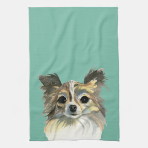 Long Hair Chihuahua Dog Watercolor Portrait Tea Towel