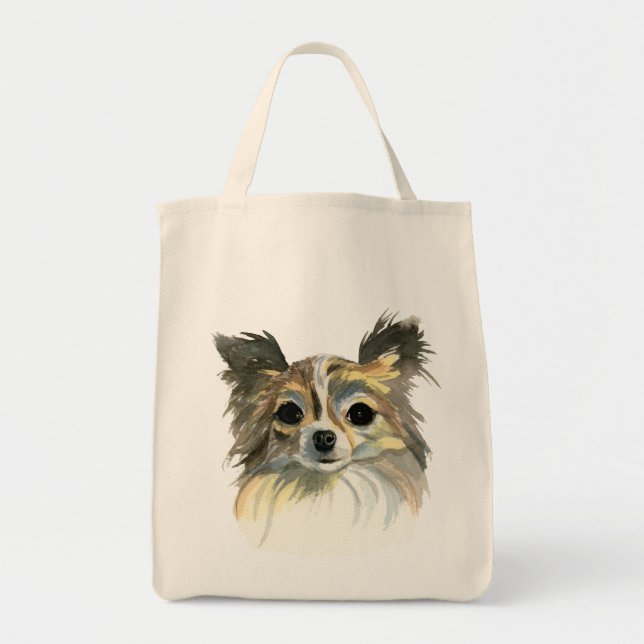 Long Hair Chihuahua Watercolor Portrait Tote Bag (Front)