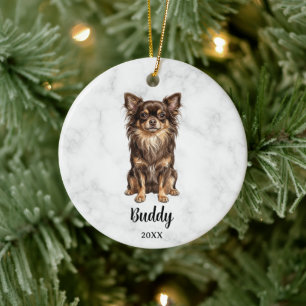 Long-Hair Chocolate Tan Chihuahua Pet Dog Memorial Ceramic Tree Decoration
