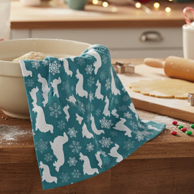 Long Hair Dachshund Christmas Gift Teal Tea Towel (Long hair dachshund - blue Christmas dish towel - hostess or white elephant gift for wiener dog moms)