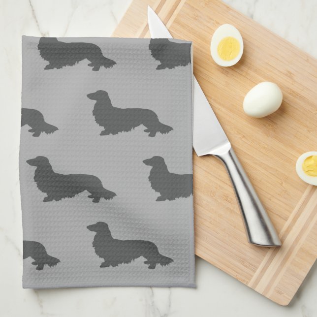 Long Hair Dachshund Kitchen Dish Towel Grey (Quarter Fold)