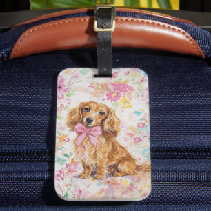 Long Hair Dachshund Pastel Floral Watercolor Luggage Tag