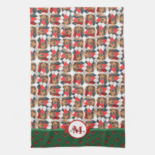 Long Hair Dachshund Pattern Monogram Christmas Dog Tea Towel