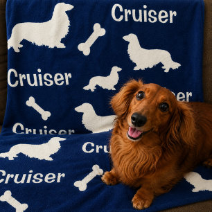 Long Hair Dachshund Personalised Navy Blanket