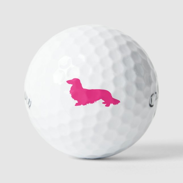 Long Hair Dachshund Pink Golfer Gift Golf Balls (Front)