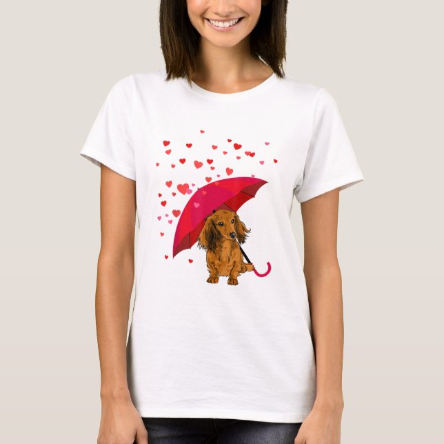 Long Hair Dachshund Raining Hearts Valentine's Day T-Shirt (Front)