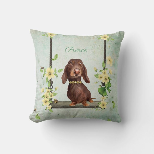Long Hair Dachshund Spring Throw Pillow (Front)