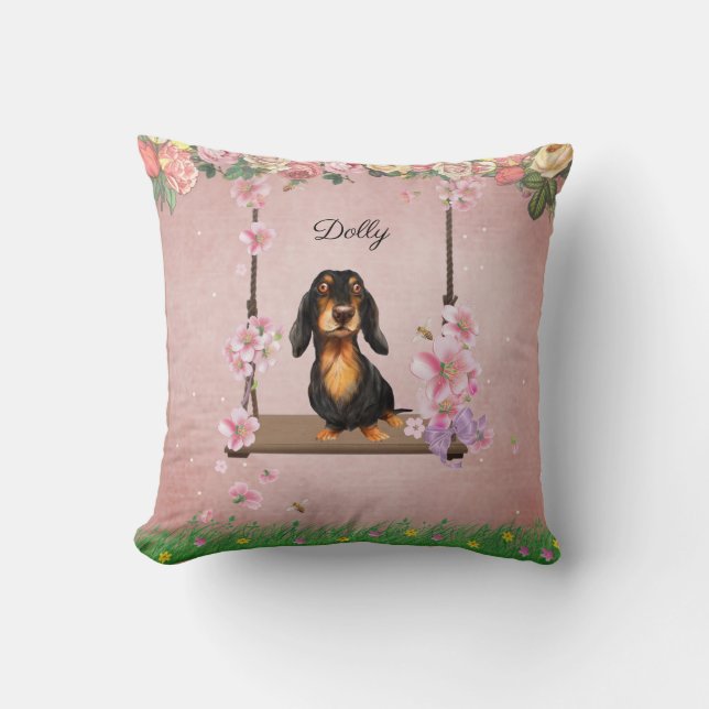 Long Hair Dachshund Swinging Throw Pillow (Front)
