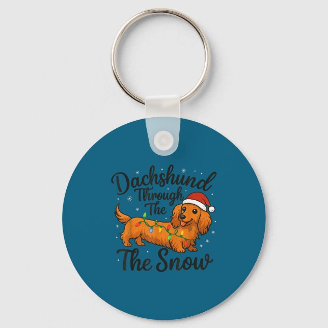 Long Hair Dachshund Through Snow Christmas Pajamas Key Ring (Front)