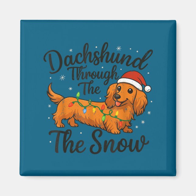 Long Hair Dachshund Through Snow Christmas Pajamas Magnet (Front)
