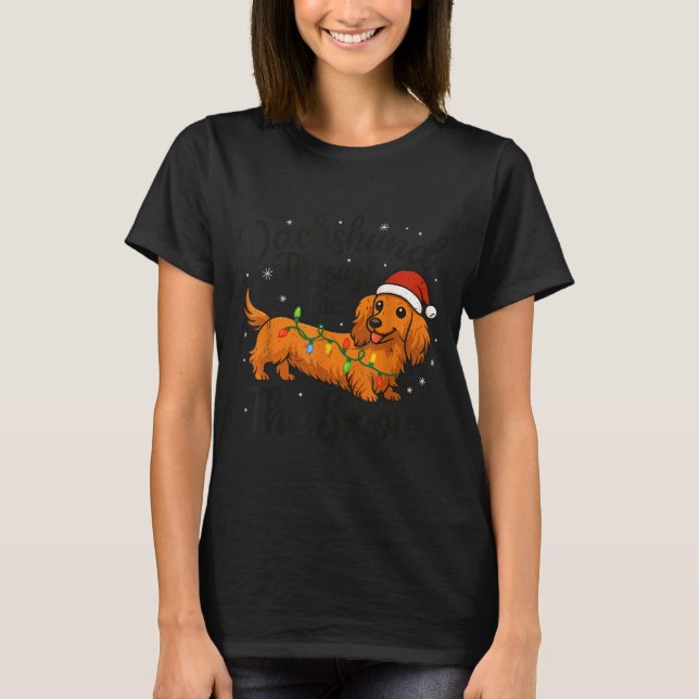 Long Hair Dachshund Through Snow Christmas Pajamas T-Shirt (Front)