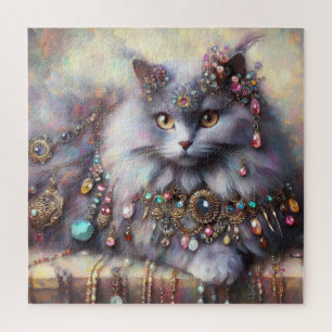 Long Hair Grey Cat w/Jewels Gemstones Painting Jigsaw Puzzle