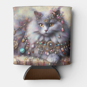Long Hair Grey Kitty Cat Wearing Jewellery Gemston Can Cooler