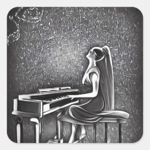 Long Hair Lady Playing Piano Square Sticker