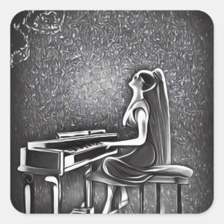 Long Hair Lady Playing Piano Square Sticker