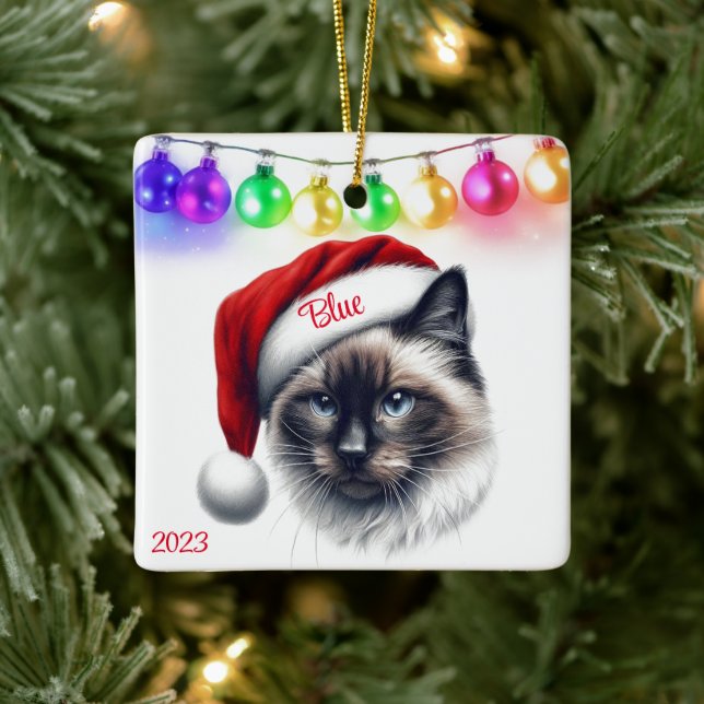 Long Hair Siamese Cat Christmas Ceramic Ornament (Tree)