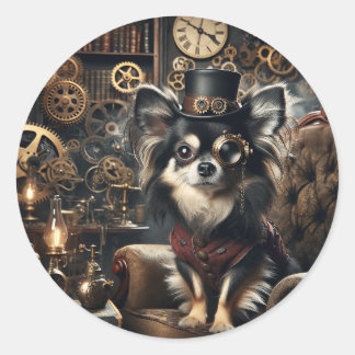Long-haired black and white Chihuahua Steampunk Classic Round Sticker