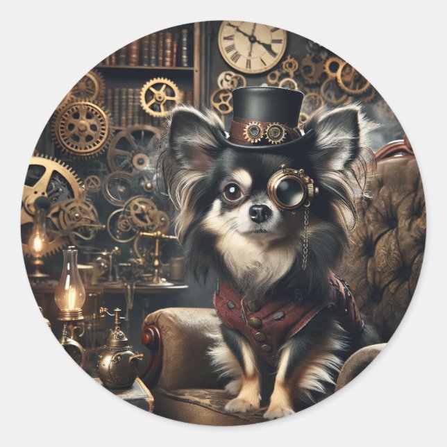 Long-haired black and white Chihuahua Steampunk Classic Round Sticker (Front)