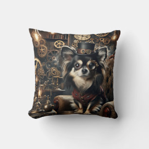 Long-haired black and white Chihuahua Steampunk Cushion