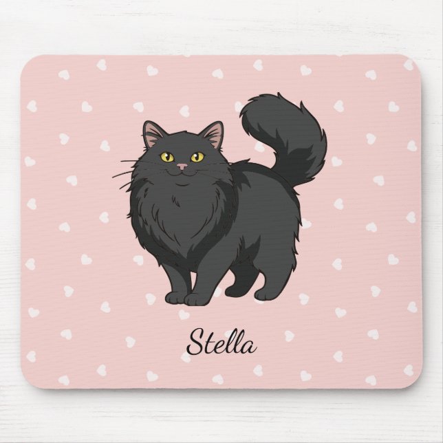 Long Haired Black Cat Personalised Mouse Mat (Front)