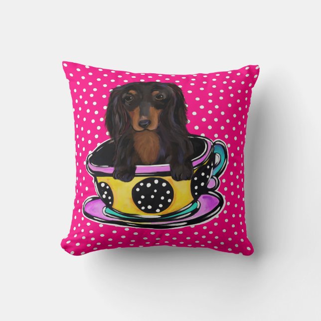 Long Haired Black Dachshund Cushion (Front)